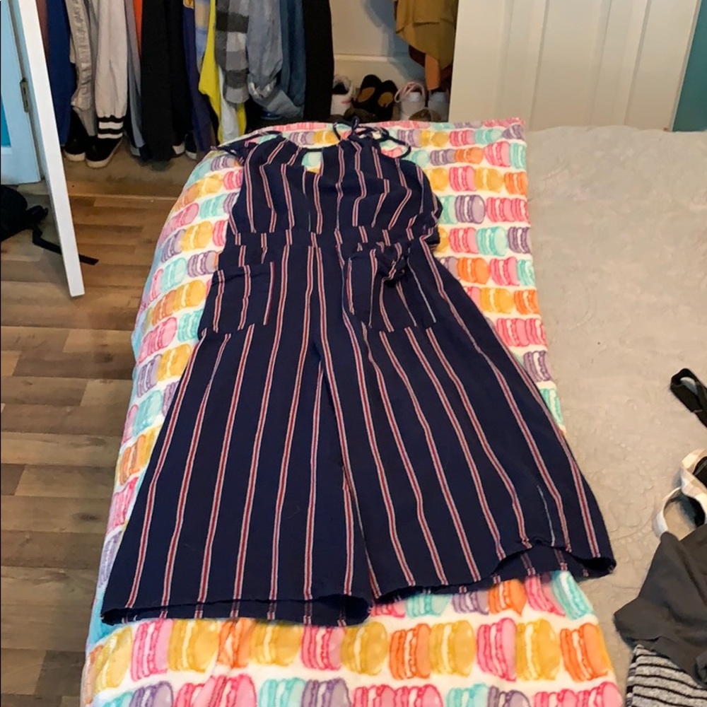 striped jumpsuit with keyhole front